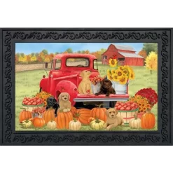 Fall Puppies Doormat Pumpkins Floral Indoor / Outdoor 30" X 18" Briarwood Lane
