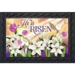 He Is Risen Lilies Easter Doormat Religious Indoor Outdoor 30" X 18" Briarwood Lane