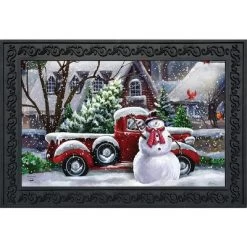 Briarwood Lane Snowfall Snowman Winter Doormat Red Pickup Truck 3