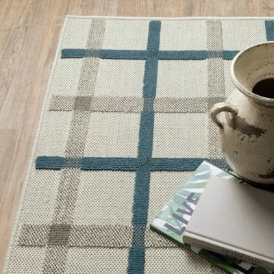 Trinity Textured Plaid Patio Area Rug Beige/Blue - Captiv8e Designs 3 Trinity Textured Plaid Patio Area Rug Beige/Blue - Captiv8e Designs - Image 3