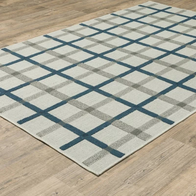 Trinity Textured Plaid Patio Area Rug Beige/Blue - Captiv8e Designs 2 Trinity Textured Plaid Patio Area Rug Beige/Blue - Captiv8e Designs - Image 2